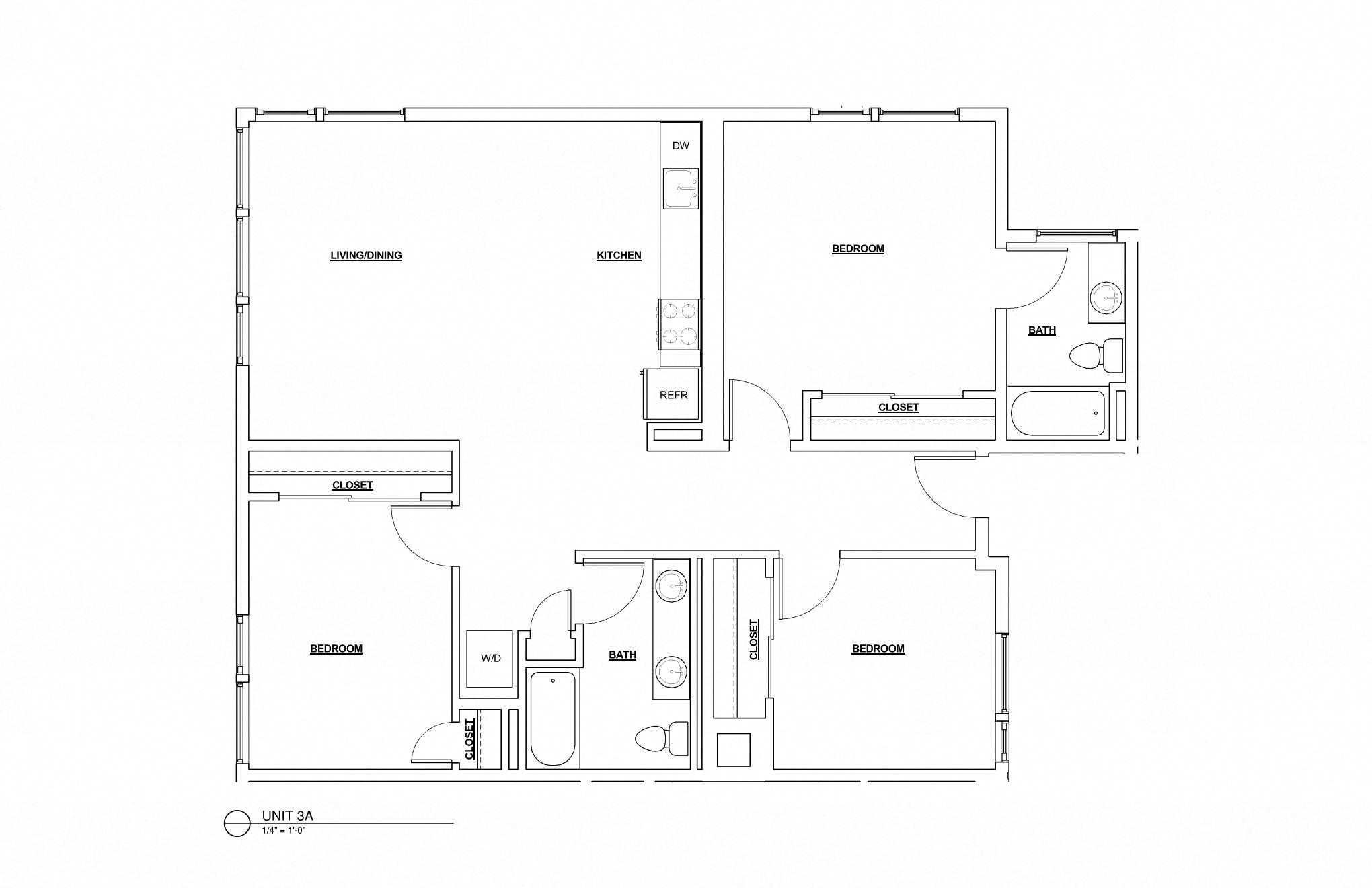 Floor plan for 3 beds, 2 baths, 1320 sqft